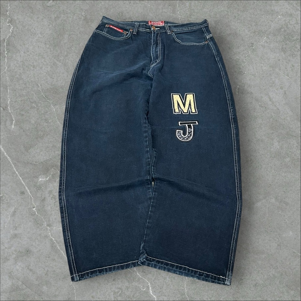 Machine Jeans Mens‎ 34x30 Dark Blue Y2K Embroidered Baggy Wide-Leg 2000s Jnco